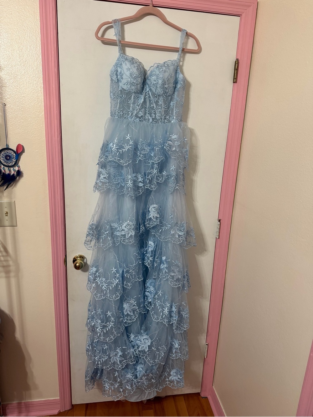 Light Blue Tiered Lace Prom Dress